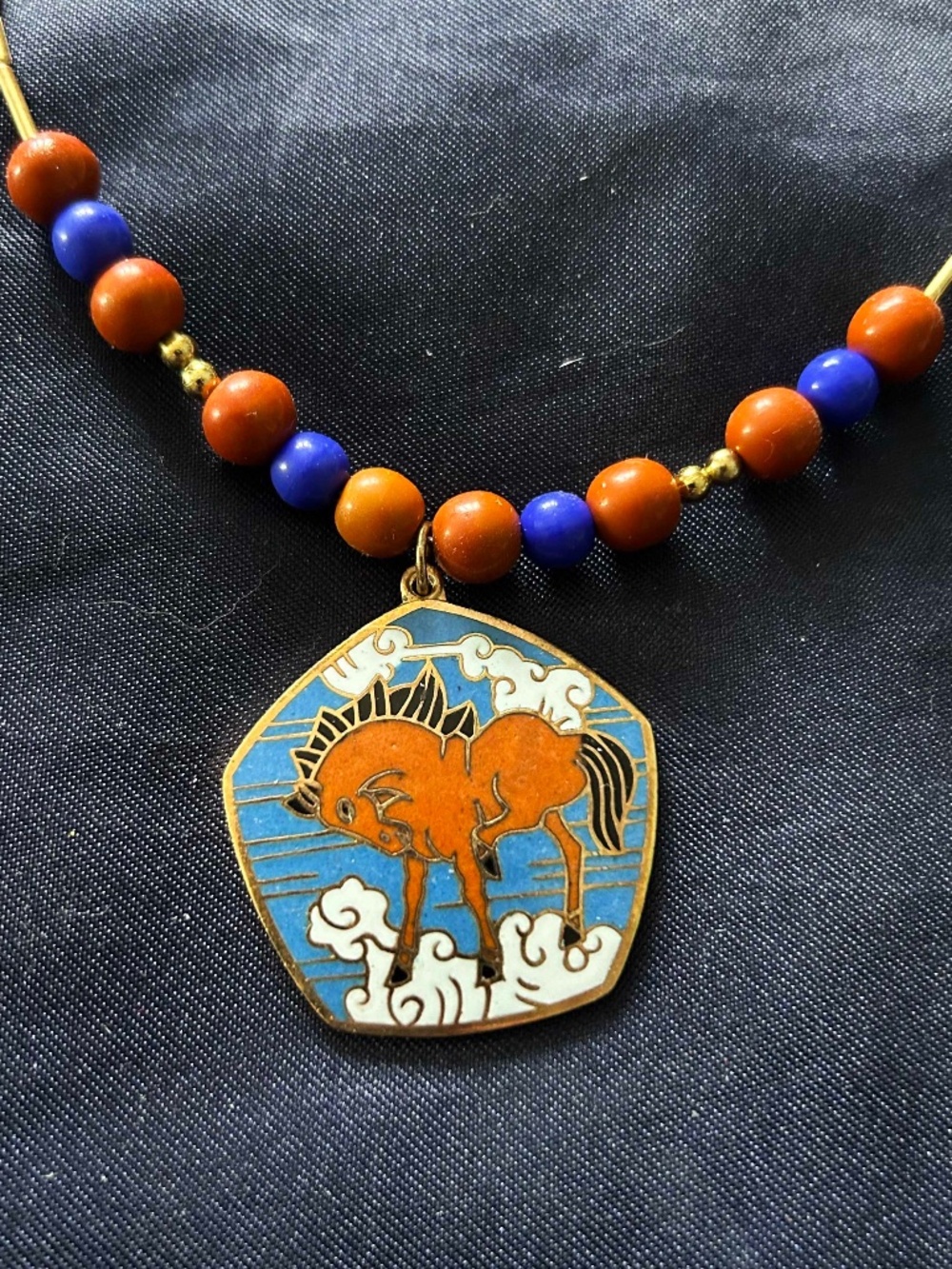 NECKLACE METAL 5-SIDED HORSE PENDANT FROM CHINA WITH BLUE & ORANGE BEADS & GOLD